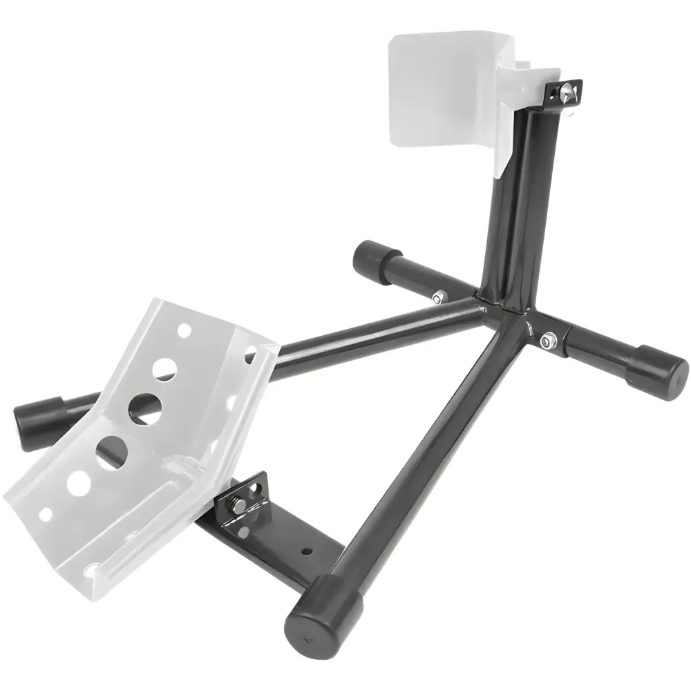 Metal stand with adjustable arms and plates for permanent montering av oppbevaring forhjulsstøtte