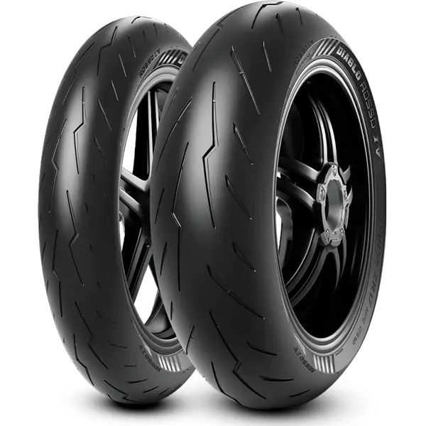 Svarte Pirelli Diablo Rosso IV MC-dekk, aggressivt mønster, 120/70-17 + 190/55-17