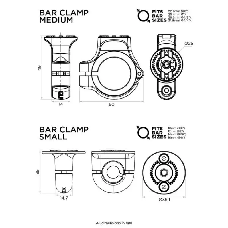 Tekniske tegninger av to ulike størrelser av Barklemmer med mål for Quad Lock 360 Bar Clamp Base Small