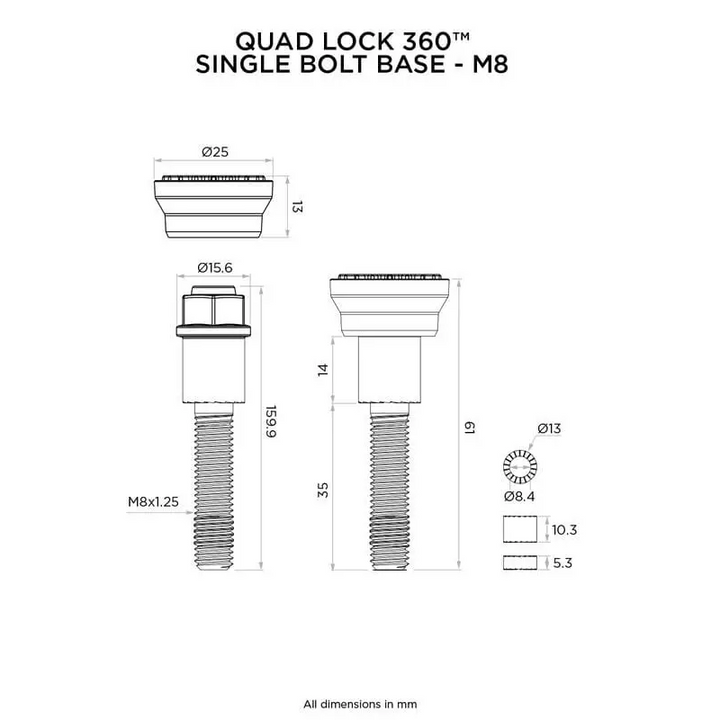 Teknisk tegning av Quad Lock 360 enkelboltbase med M8-gjenger for Quad Lock 360 Single Bolt-M8