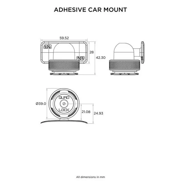Teknisk tegning av Quad Lock Adhesive Dash/Console bilholder med mål og dimensjoner