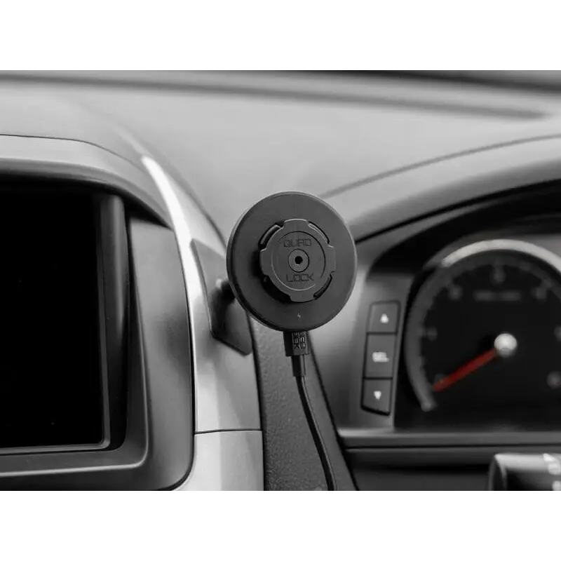 Rund svart trådløs ladeholder for bil med Quad Lock Adhesive Dash Mount