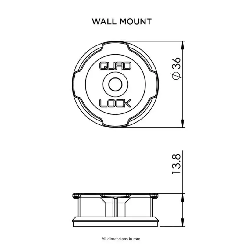 Teknisk tegning av dimensjonene til Quad Lock veggmontering for Quad Lock Adhesive Wall Mount