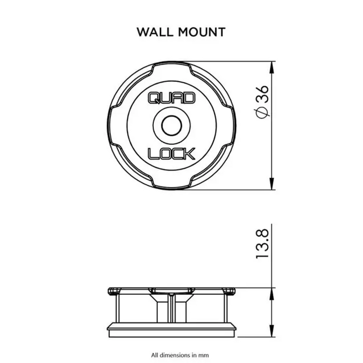 Teknisk tegning av dimensjonene til Quad Lock veggmontering for Quad Lock Adhesive Wall Mount