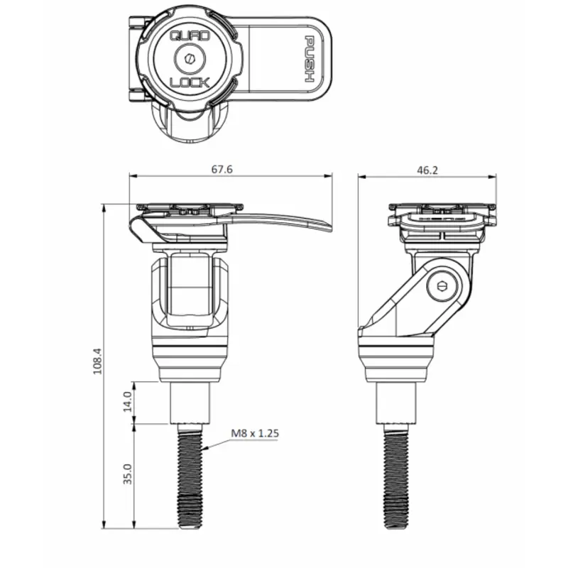 Justerbart enhetfeste med gjengestud for Quad Lock Handlebar Clamp Mount Pro