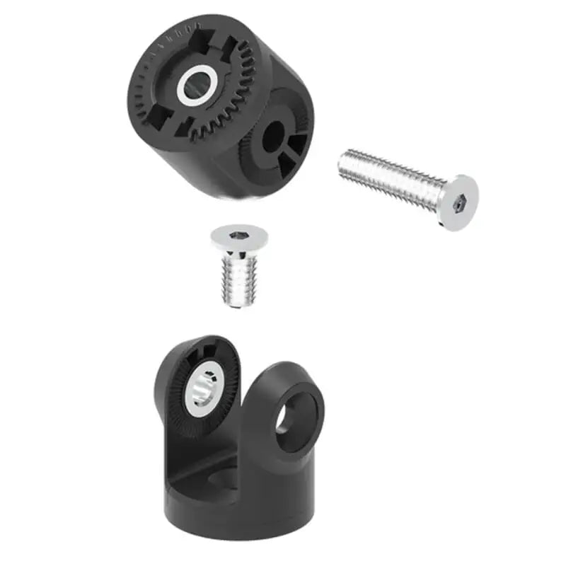 Eksplosjonsbilde av svart plast sykkelmontering med to sølvskruer for Quad Lock Knuckle Adaptor