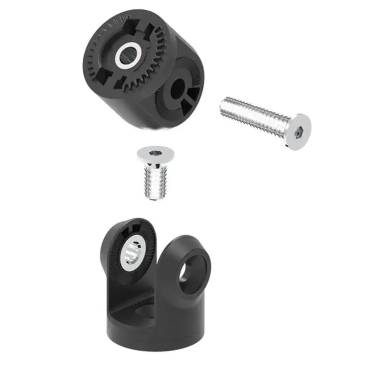 Eksplosjonsbilde av svart plast sykkelmontering med to sølvskruer for Quad Lock Knuckle Adaptor