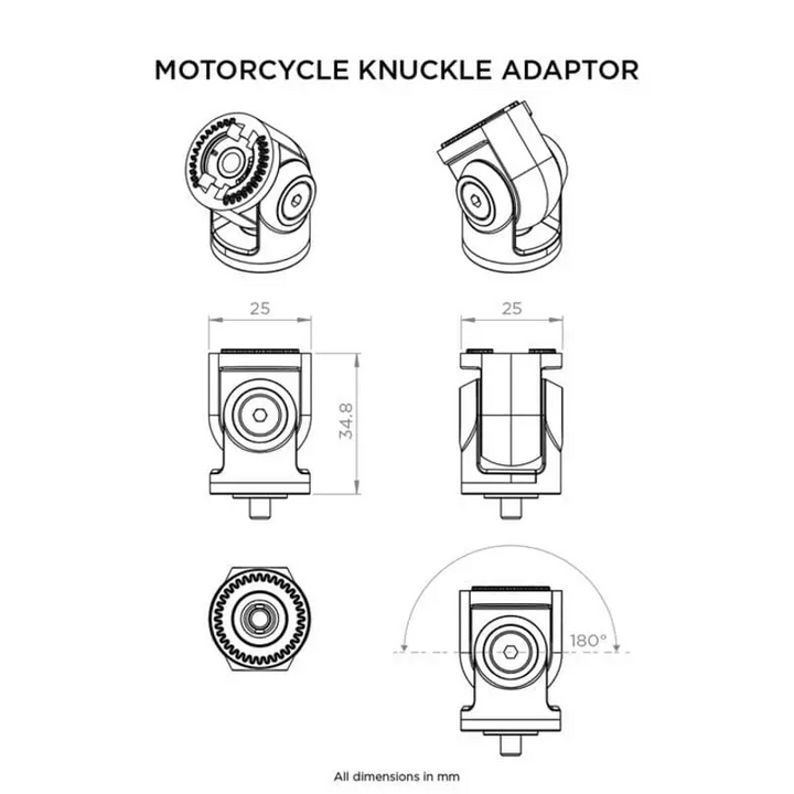 Teknisk tegning av Quad Lock Knuckle Adaptor med mål og dimensjoner