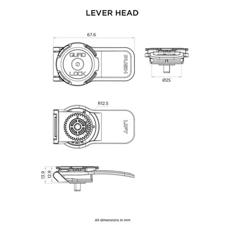Teknisk tegning av Quad Lock Lever Head med flere visninger og dimensjoner