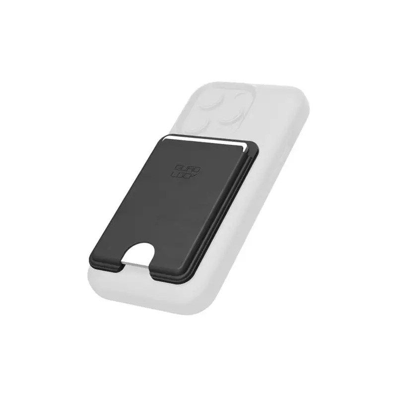 Black magnetisk kortlomme festet på gjennomsiktig telefondeksel for Quad Lock MAG Wallet