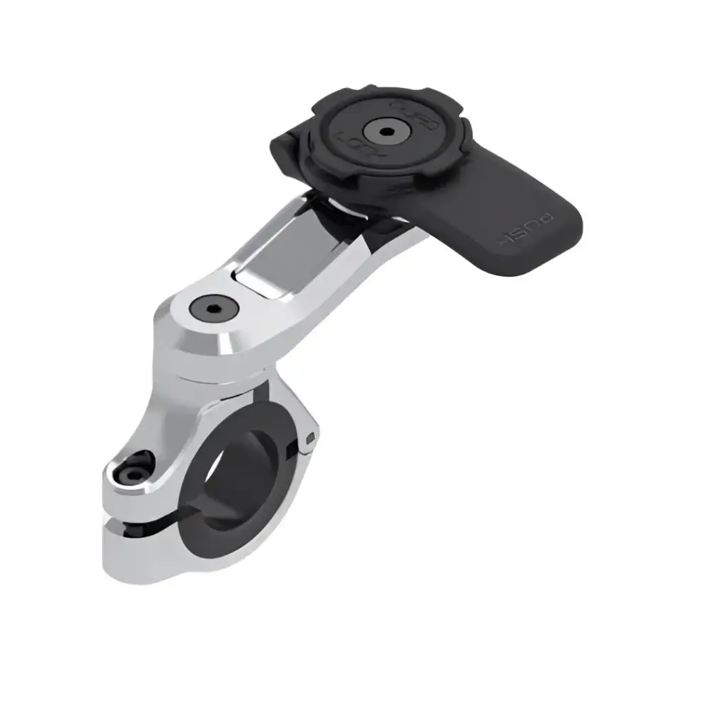 Sølv og svart justerbar handlebar-monter for smarttelefon på Quad Lock Motorcycle Handlebar Mount PRO Chrome