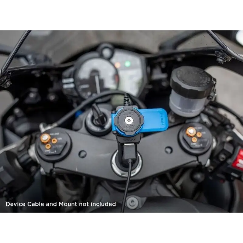 Blue og svart motorsykkeltelefonlader og montering på motorsykkelens styrer