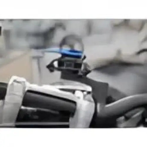 Svart motorsykkelstyr med blå telefonholder og Quad Lock Vibrasjonsdemper