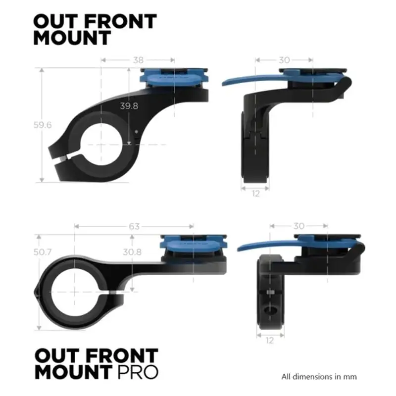 Tekniske tegninger av to sykkeltelefonholdere med mål for Quad Lock Out Front Mount Pro