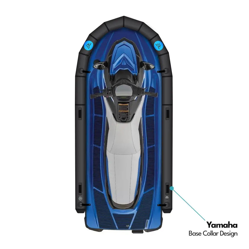 Blue and white yamaha personal watercraft with black protective rails featuring ride engine base pwc collar plus design