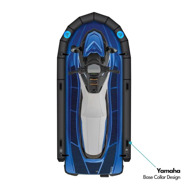 Blue and white yamaha personal watercraft with black protective rails featuring ride engine base pwc collar plus design