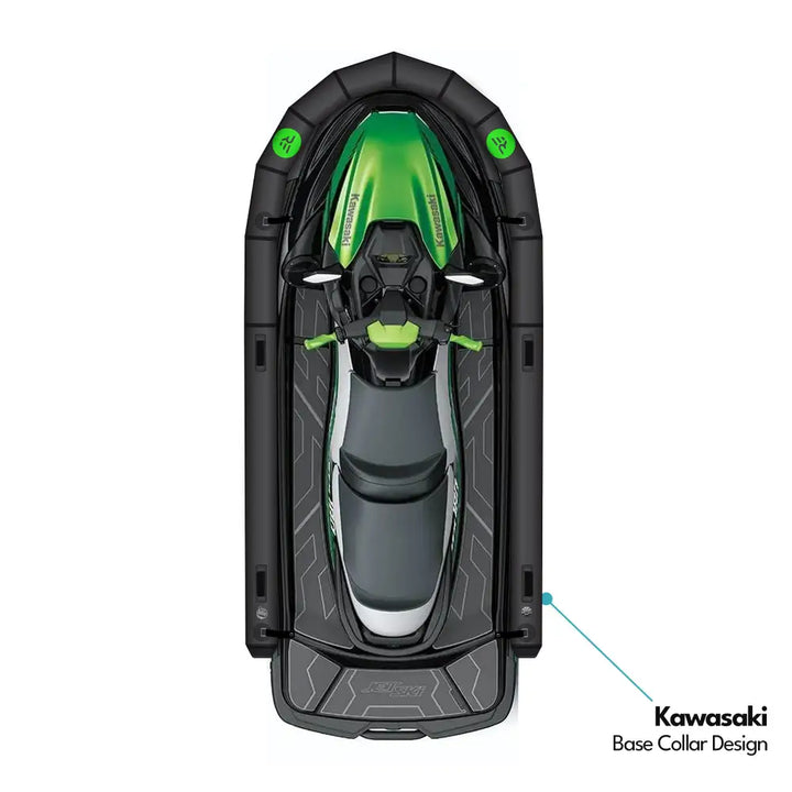 Green and black kawasaki jet ski with a sleek modern design featuring ride engine base pwc collar plus system