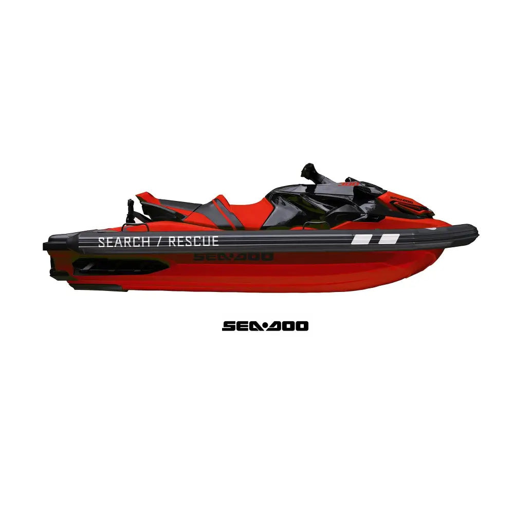 Rød og svart sea-doo personal vannscooter med pro collar plus og søk redning tekst på siden