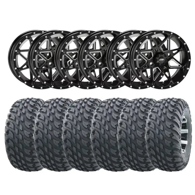 Seks svarte ITP-felger med sølv aksenter og aggressive dekk for Wanda VS3020 Storm