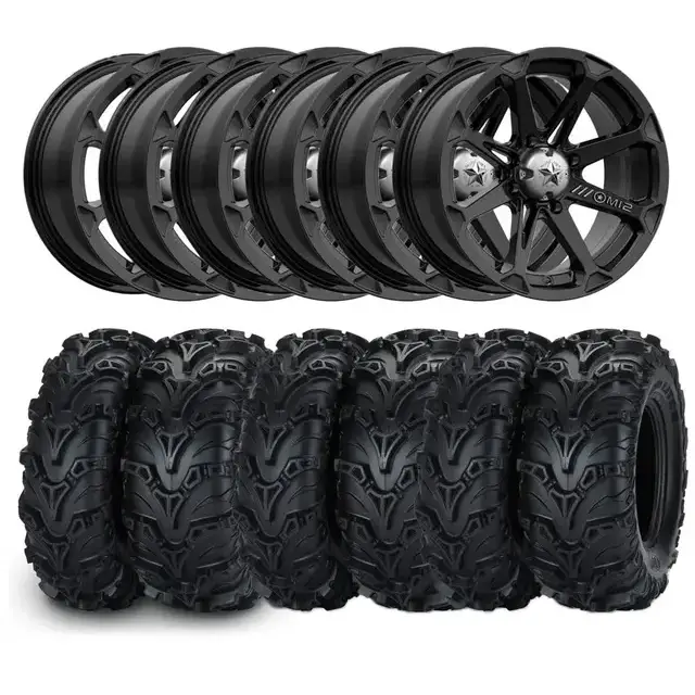 Svarte mattere legeringshjul med fem-spekes design og sølvstjerne-deksler for Hjulpakke 80 Can-Am 6x6