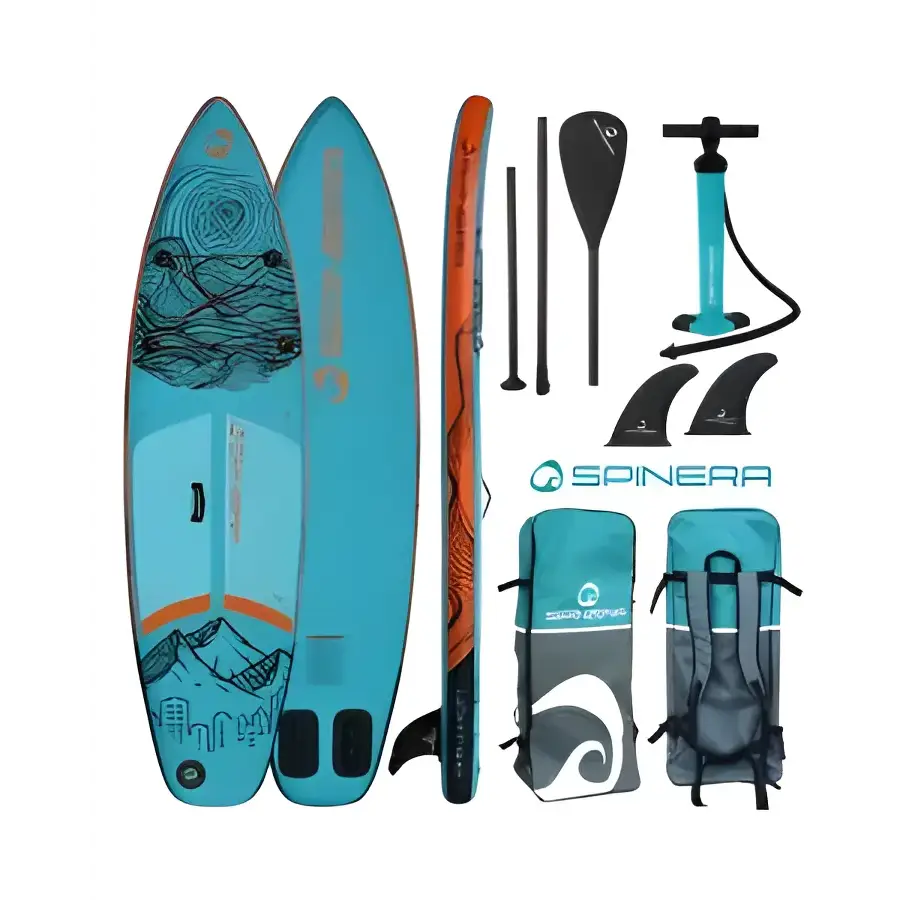 Turquoise Spinera Light SUP inflatable paddle board with accessories and carrying bag