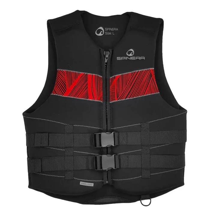 Black and red neoprene life vest with three buckle straps, fremhevet i Spinera Neopren