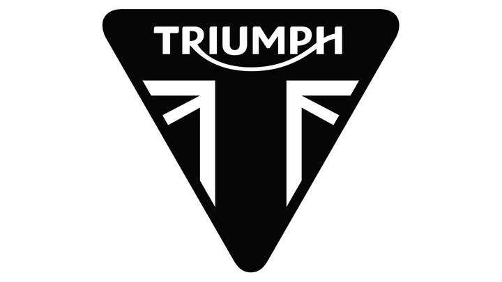 Svart trekantet Triumph motorsykkel selskapets logo med stilisert bokstav T design.