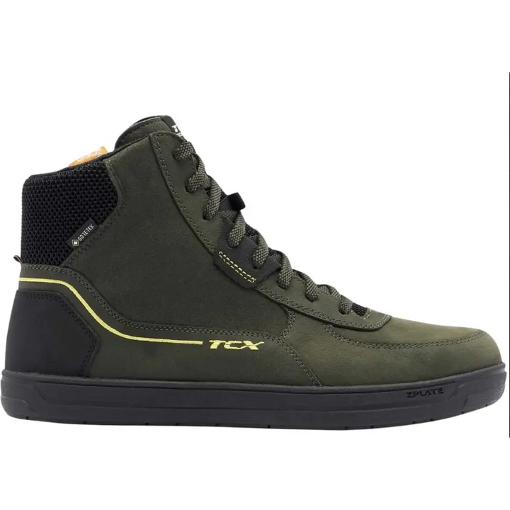 High-top sneaker in dark green with yellow accents, Gore-Tex og slitesterkt kuskinn