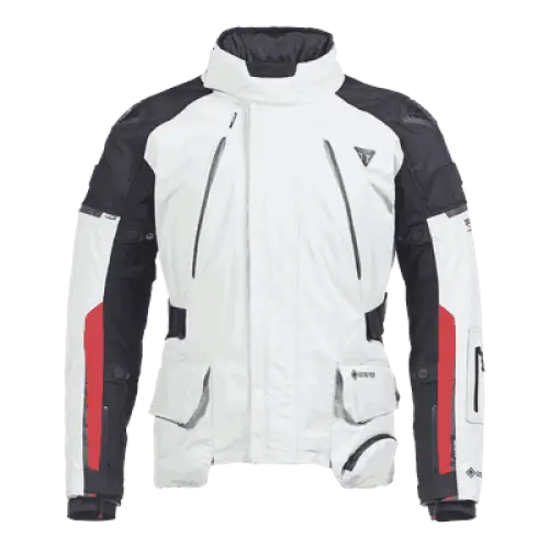 Hvitt, svart og rødt motorsykkeljakke med flere lommer og Gore-Tex-merke for TRIUMPH ALDER GORETEX LITE JACKET