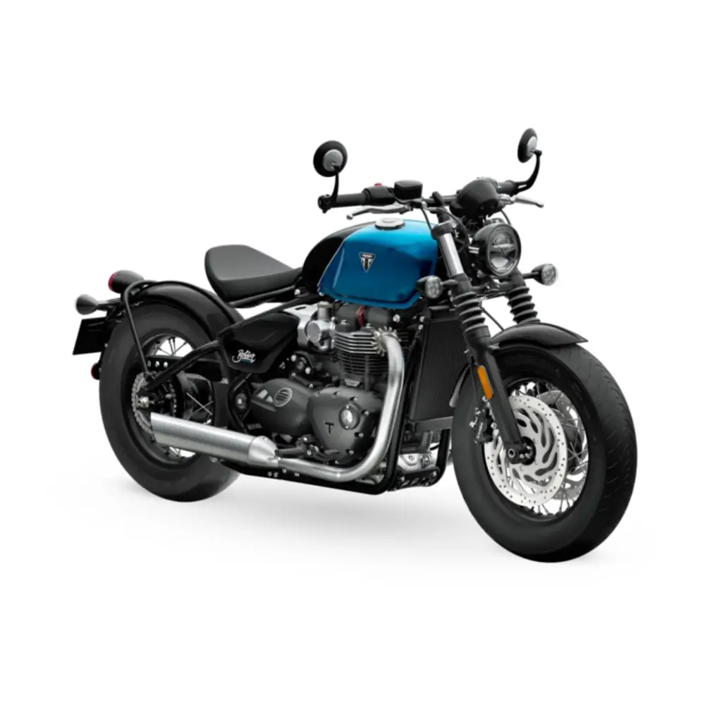 Blå og svart Triumph Bonneville Bobber 2026 med kromdetaljer og klassisk design
