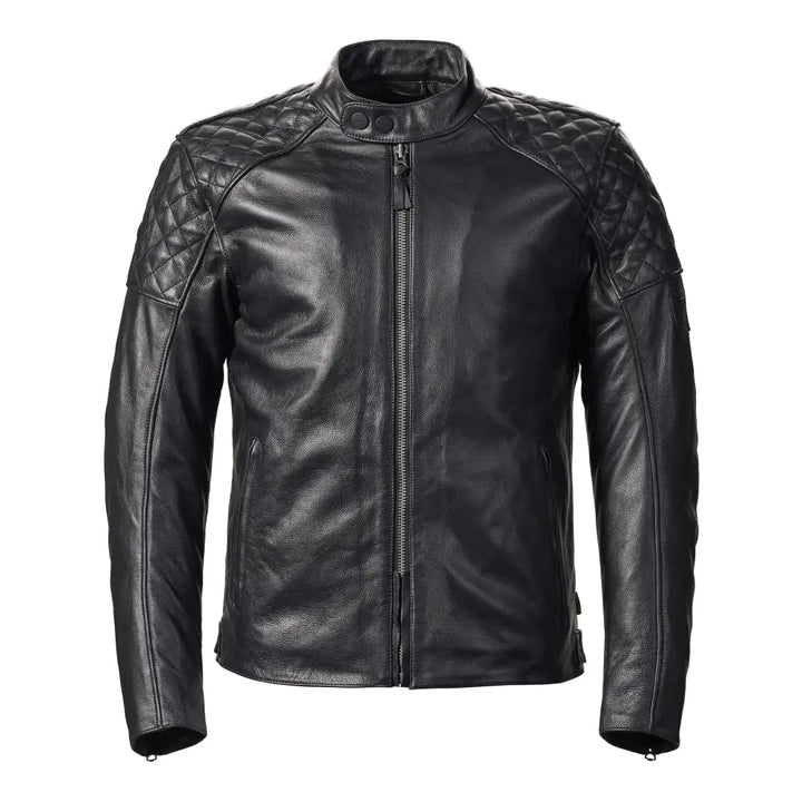 Menns svart lærermotorsykkeljakke med quiltede skuldre for TRIUMPH BRADDAN JACKET