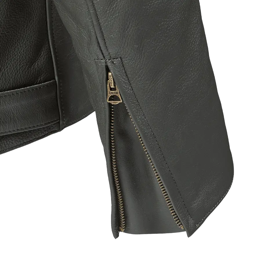 Sort svart skinnjakke erme med u-zipper, del av TRIUMPH BRADDAN JACKET RACING GREEN