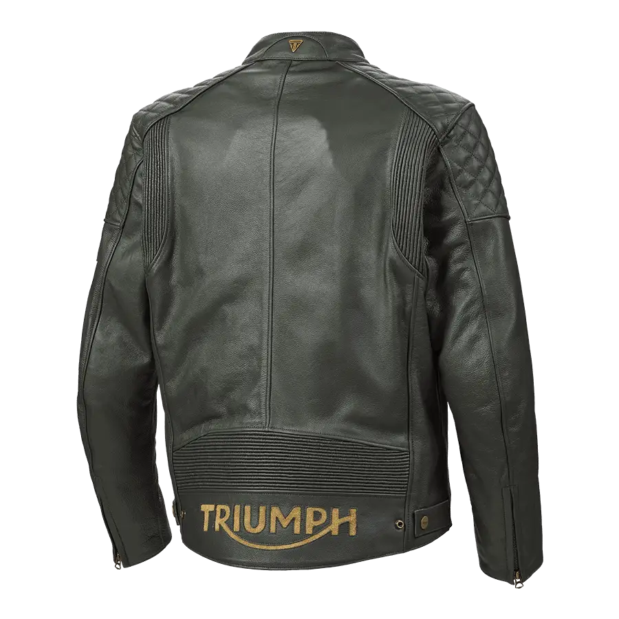 Manns mørkegrønn lærermotorsykkeljakke med quiltede skuldre fra TRIUMPH BRADDAN JACKET RACING GREEN