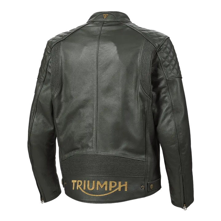 Manns mørkegrønn lærermotorsykkeljakke med quiltede skuldre fra TRIUMPH BRADDAN JACKET RACING GREEN