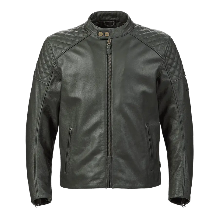 Dark grå skinnjakke for motorsykkel med quiltede skuldre og ståkrage, TRIUMPH BRADDAN JACKET RACING GREEN