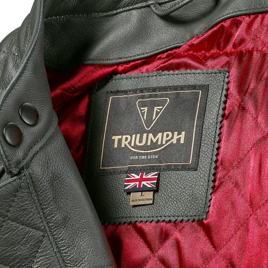 Sort svart skinnjakke med rødt quiltet fôr til Triumph Braddan Jacket Racing Green