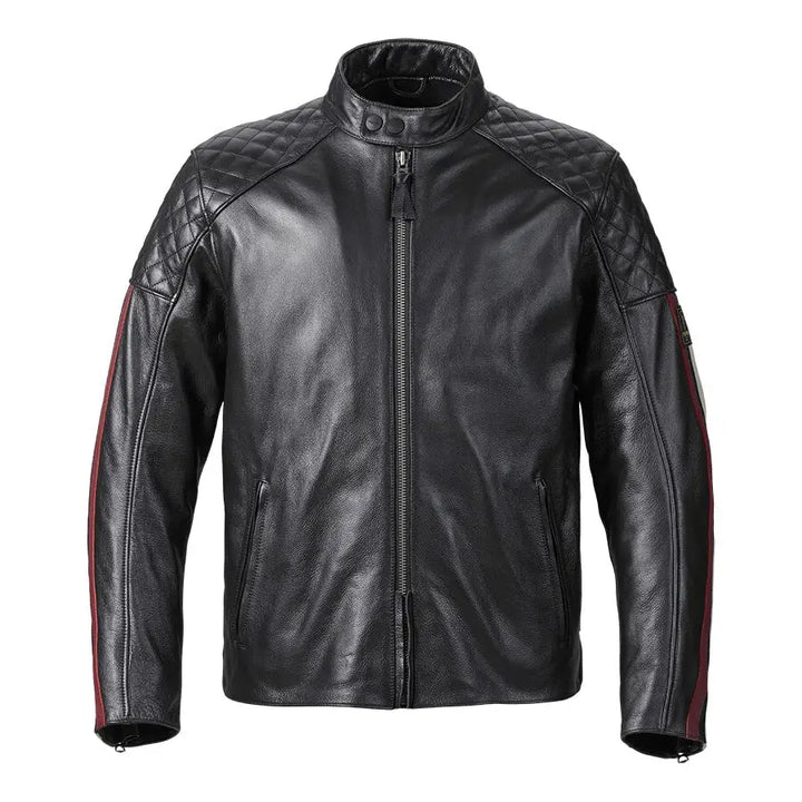 Manns svart lærermotorsykkeljakke med quiltede skuldre og røde ermer for TRIUMPH BRADDAN SPORT JACKET