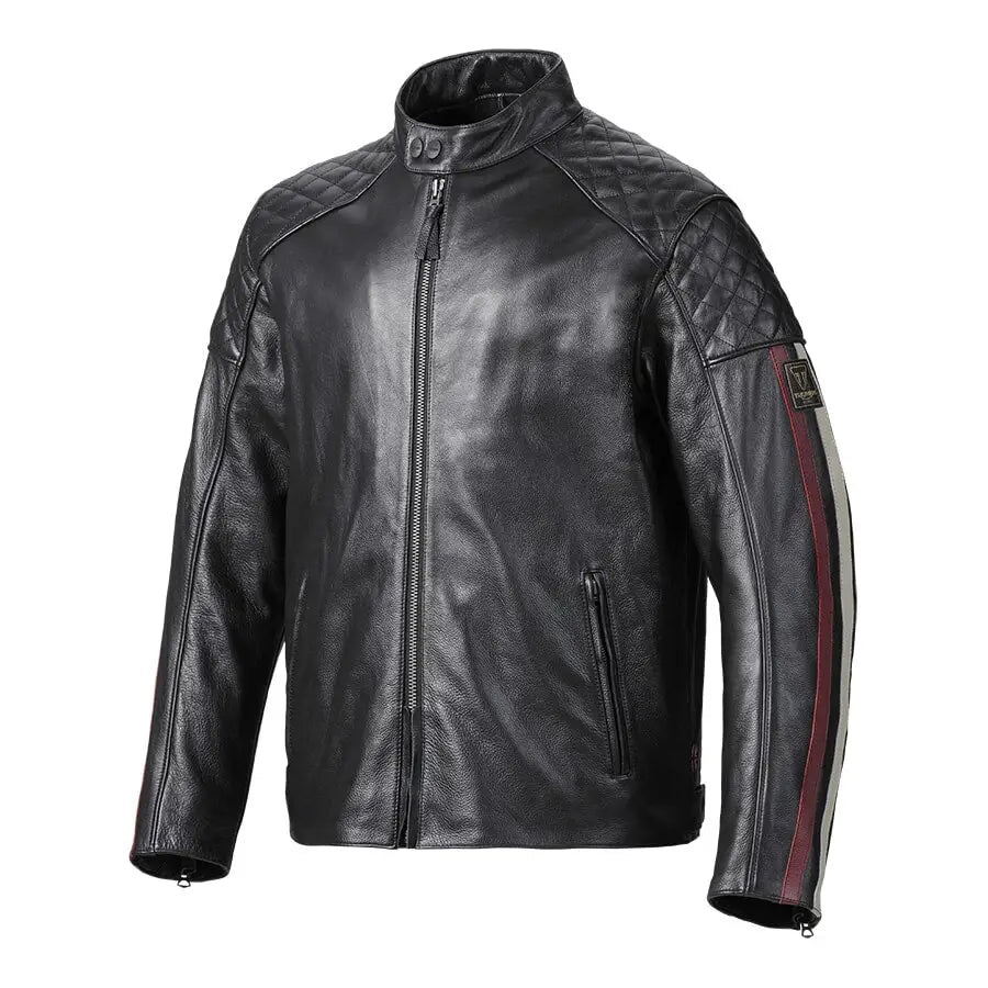Sort svart skinnjakke med quiltede skuldre og stripete ermer fra TRIUMPH BRADDAN SPORT JACKET