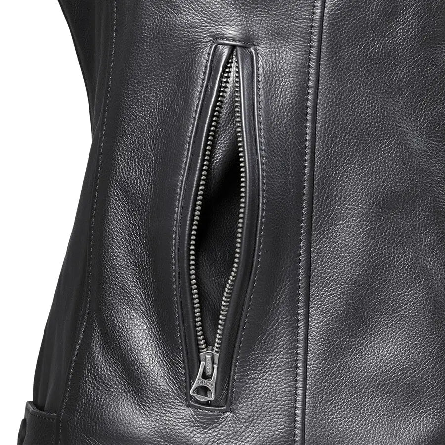 Sort svart skinnjakke med delvis ubetjent vertikal lomme fra TRIUMPH LADIES BRADDAN SPORT JACKET