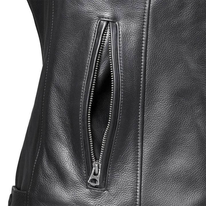 Sort svart skinnjakke med delvis ubetjent vertikal lomme fra TRIUMPH LADIES BRADDAN SPORT JACKET