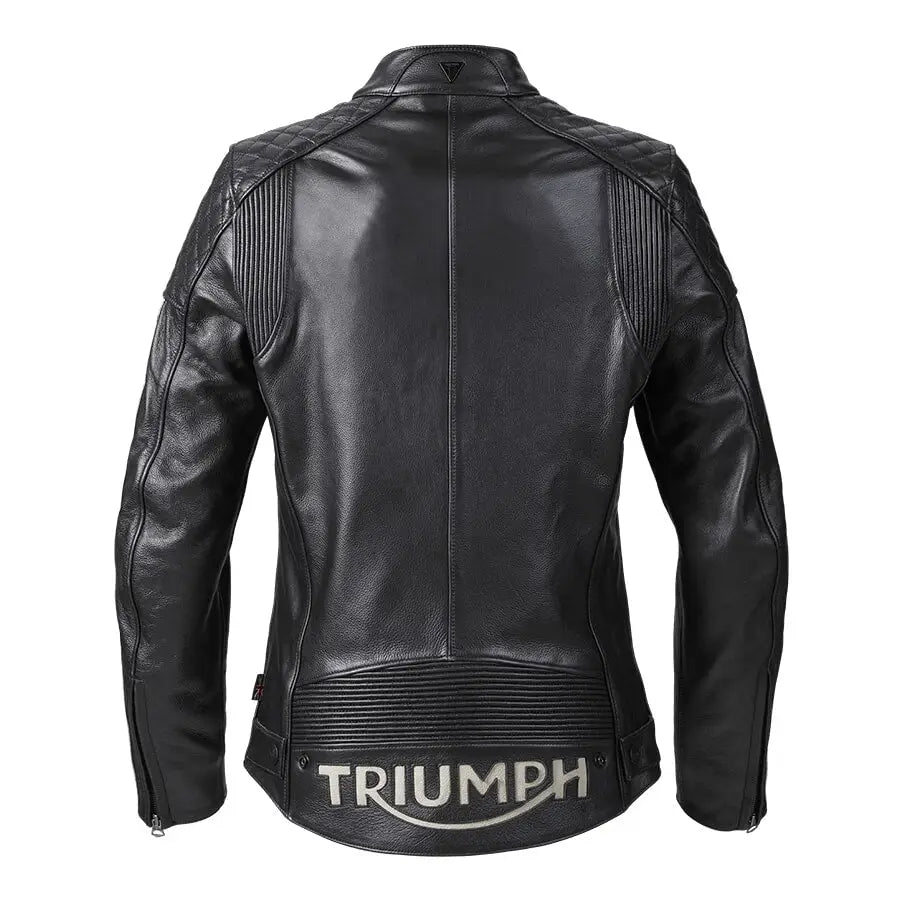 Sort svart skinn motorsykkeljakke med quiltede skuldre og ribbede stretchsoner for TRIUMPH LADIES BRADDAN SPORT JACKET
