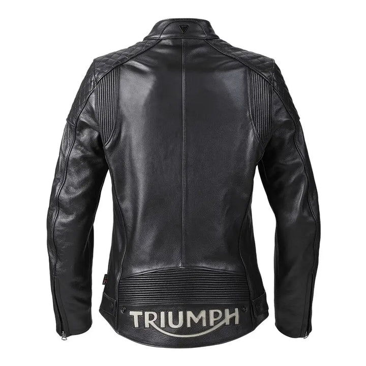 Sort svart skinn motorsykkeljakke med quiltede skuldre og ribbede stretchsoner for TRIUMPH LADIES BRADDAN SPORT JACKET