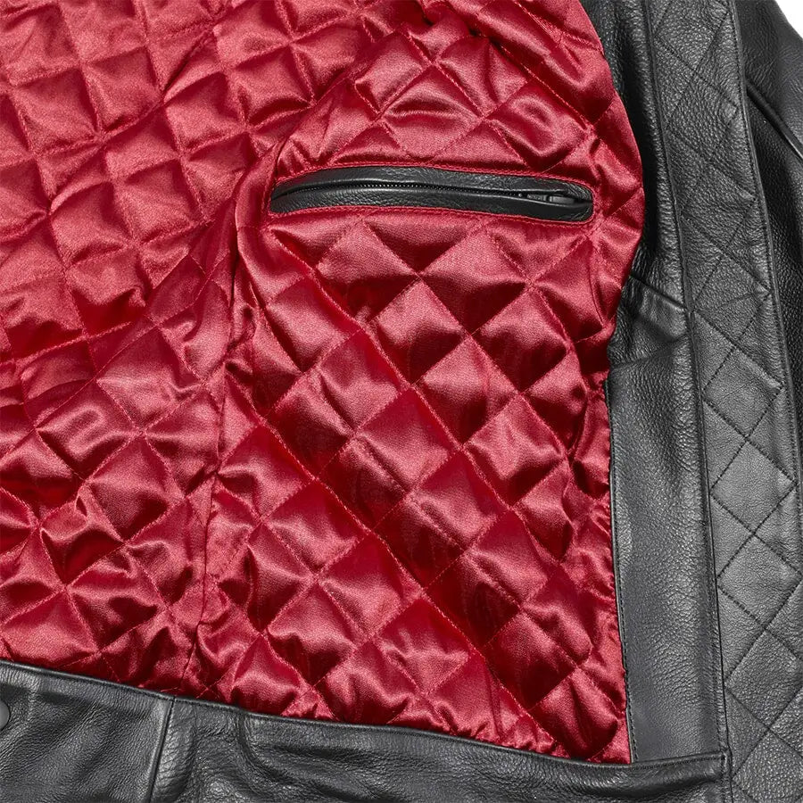 Interiør av svart skinnjakke med rød quiltet linning og lomme i glidelås, TRIUMPH LADIES BRADDAN SPORT JACKET