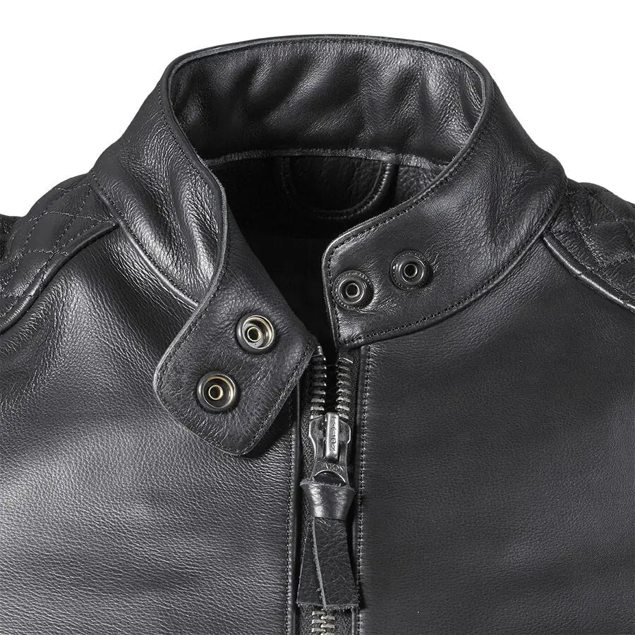 Nærbilde av Triumph Ladies Braddan Sport Jacket i svart skinn med glidelås og snaplukking