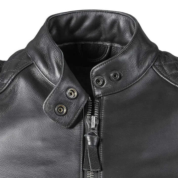 Nærbilde av Triumph Ladies Braddan Sport Jacket i svart skinn med glidelås og snaplukking