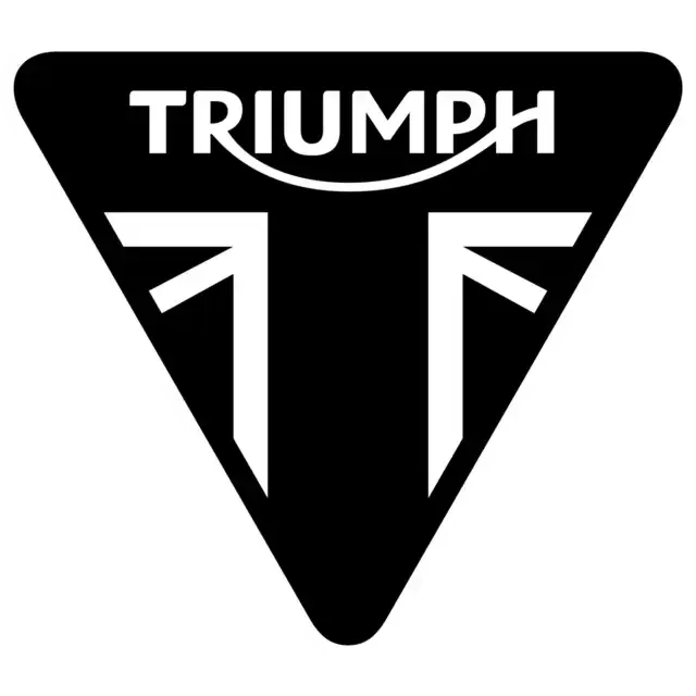 Sort svart-hvitt triangel motorsykkel logo med stilisert Union Jack og Triumph tekst