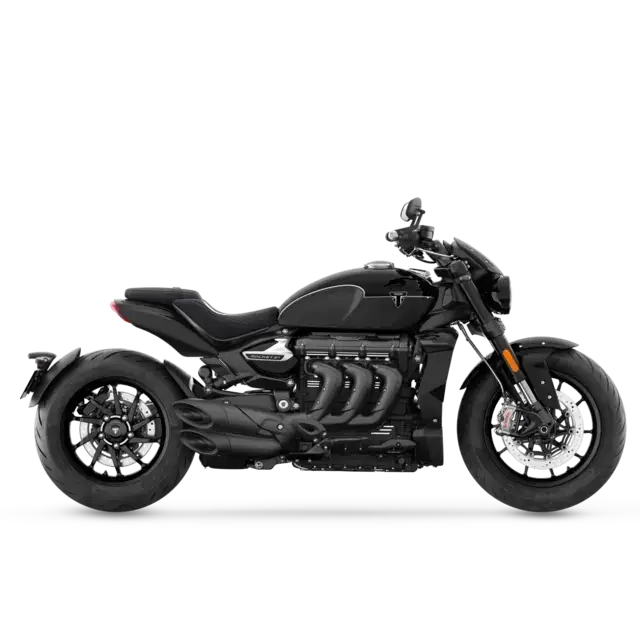 Svart Triumph Rocket 3 R Storm 2026 med muskuløs design, matt finish, optimert hjørne-ABS og tre-sylindret rekkemotor