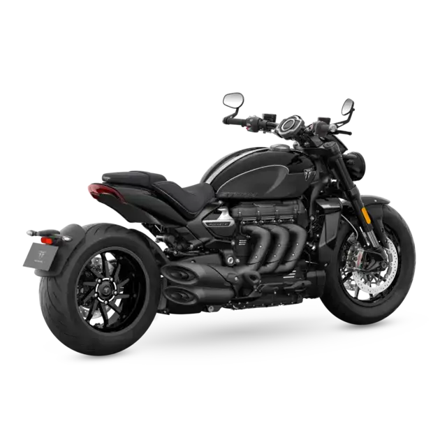 Svart Triumph Rocket 3 R Storm 2026 med muskuløs design, matt finish, optimert hjørne-ABS og tre-sylindret rekkemotor