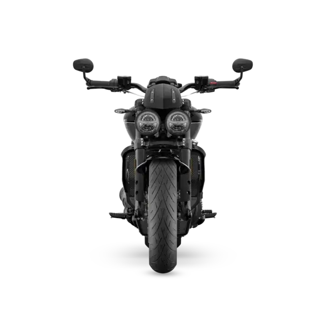 Svart Triumph Rocket 3 R Storm 2026 med doble runde lykter og matt finish
