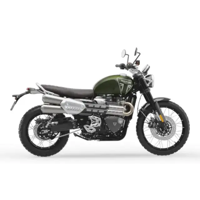 Olivengrønn Triumph Scrambler 1200 X 2026 motorsykkel med krom og svarte dekk